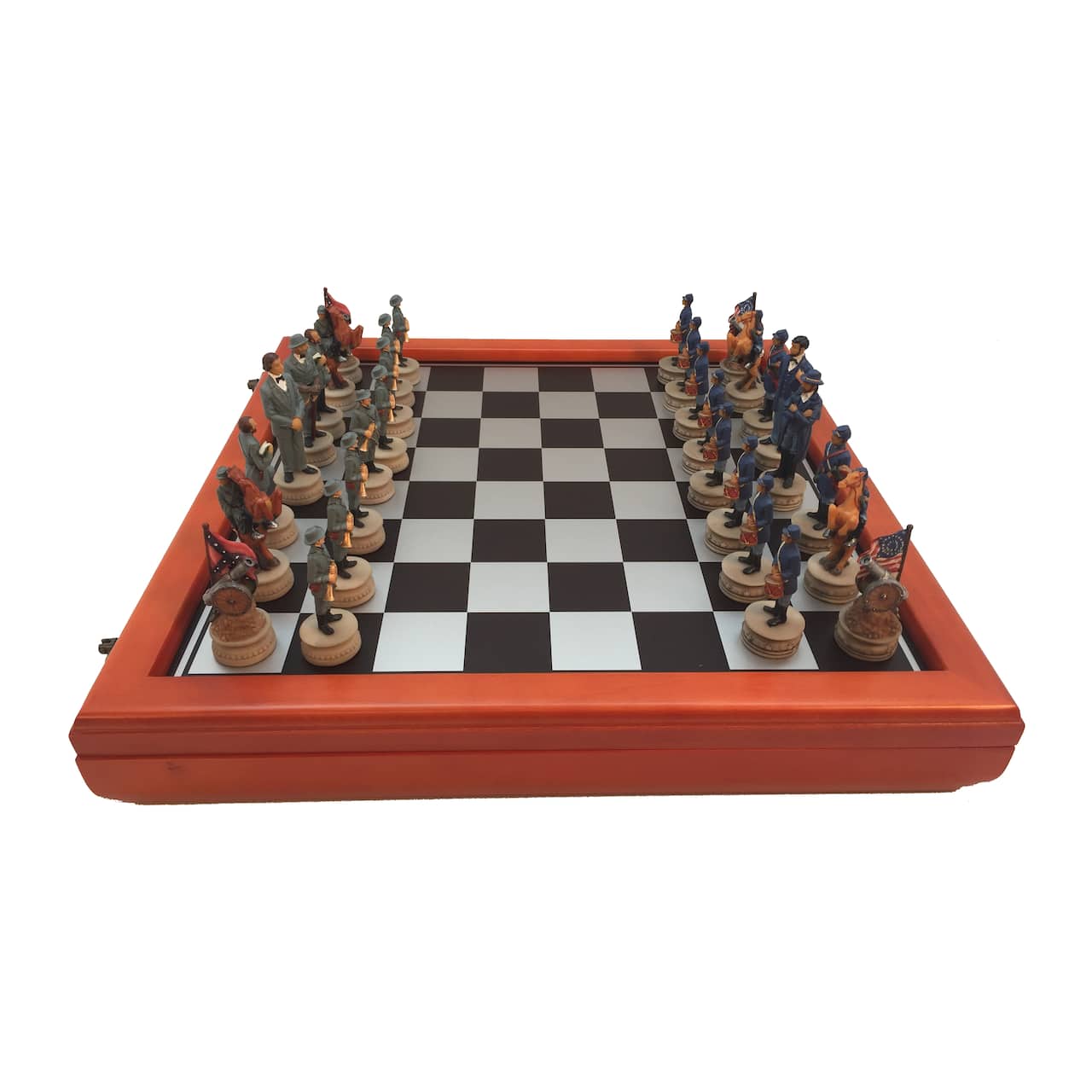 3.25" Civil War Generals Painted Resin Men Chess Set with Cherry Stained Chest Board
